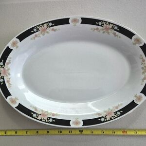 Crown Ming Large Oval Platter White w/ Black & Floral Band Gold Edge Jian Shiang